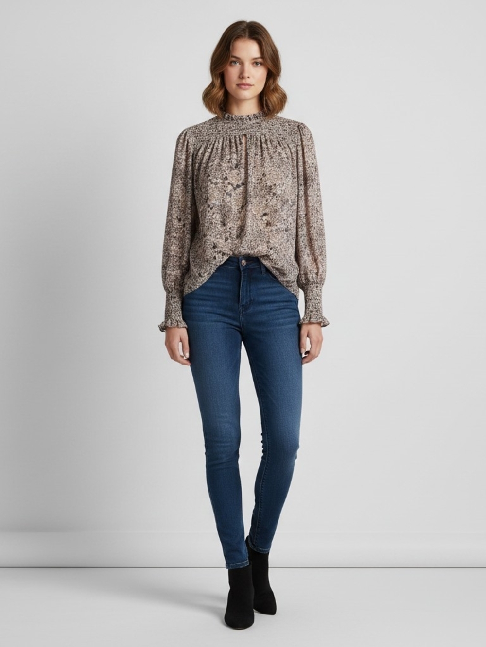 Free People Blue Beige Floral Smocked Mock Neck Blouse Boho Ruffle Top Small